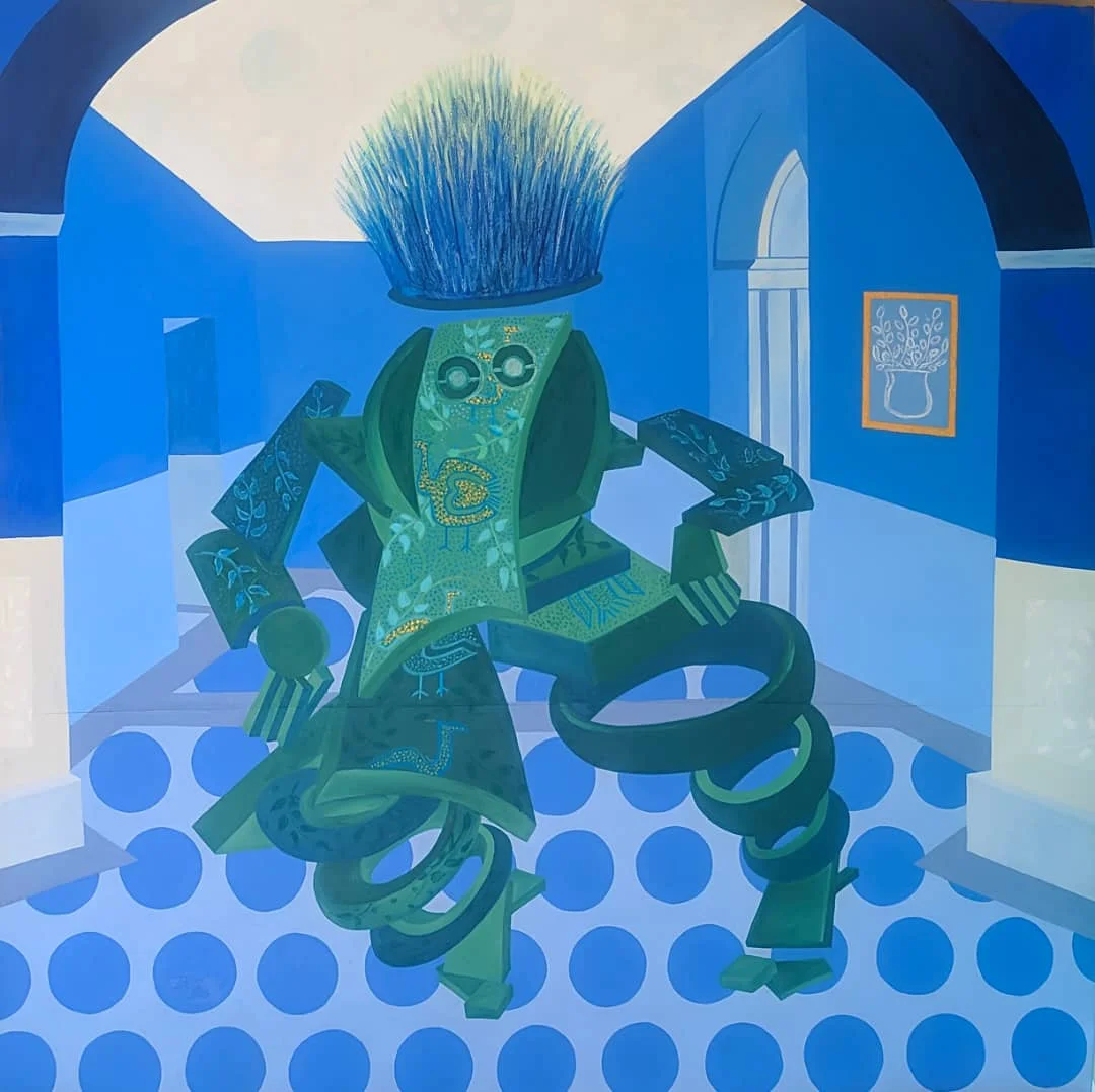 A supplied painting by Tósìn Paul Àjàyí, with blue and green figurative forms